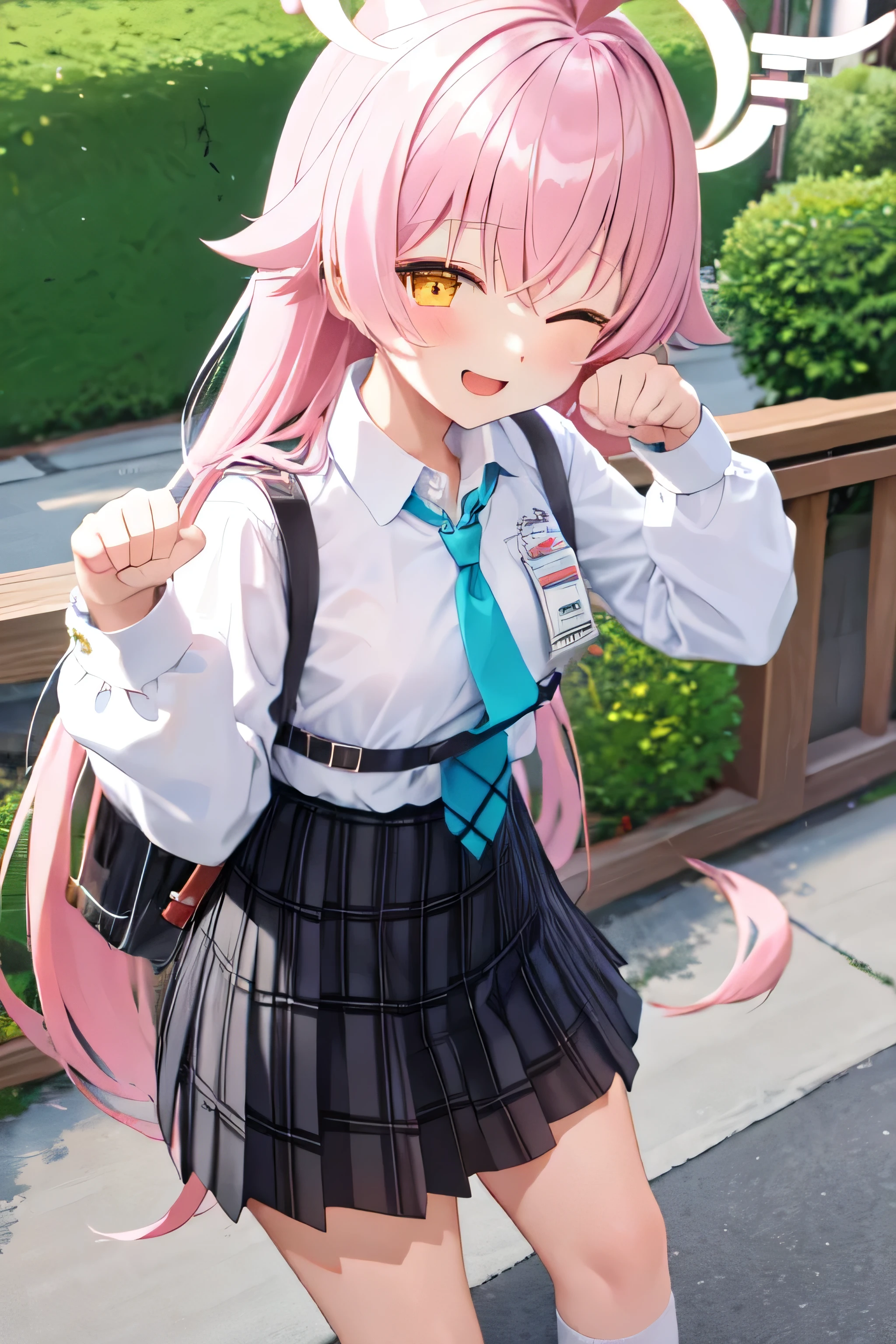 masterpiece, Highest quality, Very detailed, One Girl, Hoshino, White shirt, Pleated skirt, Are standing, 
Outdoor,front leg pose,A light smile