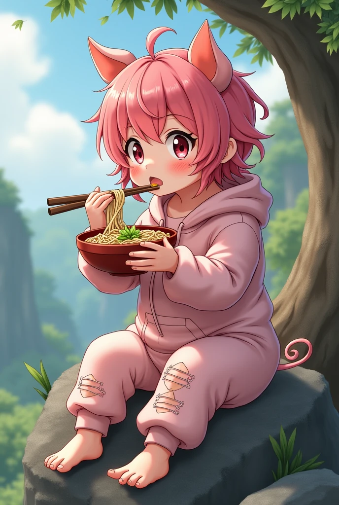 Beautiful boy with pink hair, succulent and sexy and very sensual curves, rather sloppy pig cosplay with torn suit, face and facial features delicate and a little rustic and clearly blushing, very detailed, 8K, riding on a rock eating soba, a yaoi work anime teacher