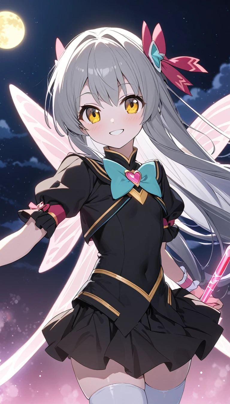 japanese anime style, high resolution, Magical girl, 12 years old, flat chest, Night Sky, smile, Golden Eyes, Gray Hair, Long Hair, black costume, tight fitting costume, Pure white skin, Fairy Wings, Magic Stick, Full moon background, Backlight, Flying in the air, minimum skirt, white thigh highs, 赤い靴,