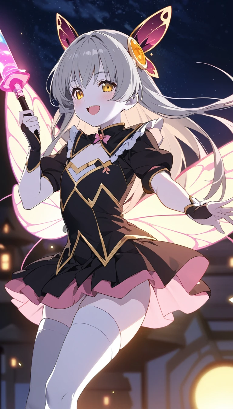 japanese anime style, high resolution, Magical girl, 12 years old, flat chest, Night Sky, smile, Golden Eyes, Gray Hair, Long Hair, black costume, tight fitting costume, Pure white skin, Fairy Wings, Magic Stick, Full moon background, Backlight, Flying in the air, minimum skirt, white thigh highs, 赤い靴,