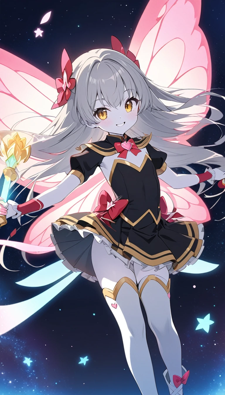 japanese anime style, high resolution, Magical girl, 12 years old, flat chest, Night Sky, smile, Golden Eyes, Gray Hair, Long Hair, black costume, tight fitting costume, Pure white skin, Fairy Wings, Magic Stick, Full moon background, Backlight, Flying in the air, minimum skirt, white thigh highs, 赤い靴,