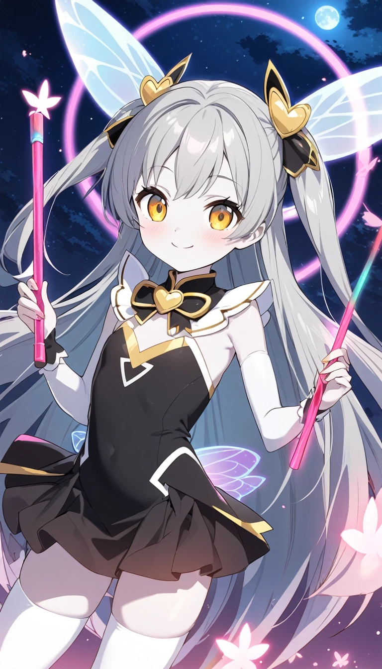 japanese anime style, high resolution, Magical girl, 12 years old, flat chest, Night Sky, smile, Golden Eyes, Gray Hair, Long Hair, black costume, tight fitting costume, Pure white skin, Fairy Wings, Magic Stick, Full moon background, Backlight, Flying in the air, minimum skirt, white thigh highs, 赤い靴,