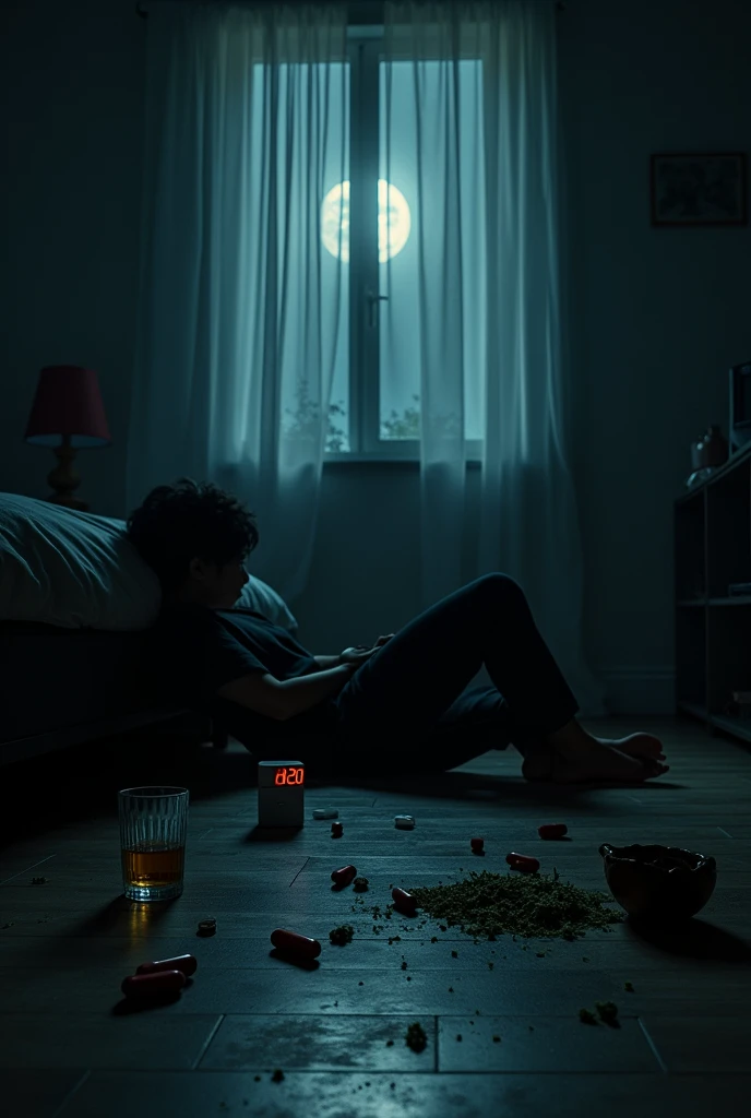 Create the image of a shadowed man lying down, in a room at night where you can see the moon and a digital clock that reads 4:20 like the hour and that has pills, marijuana and glasses of alcohol on the floor