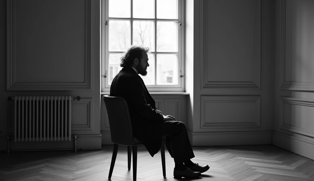 ((best qualityer)), make a black and white image of the philosopher Pierre-Joseph Proudhon sitting in a chair in an empty room facing me