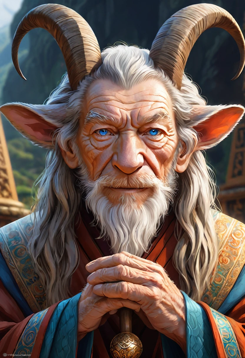 Anthropomorphic geriatric kitsune-satyr monk. red fur. Old, wrinkled ancient, decrepit. Crystal blue eyes. wise face. wizened. long detailed fingers.  Ian Mckellen. Official Art – An Award-Winning Digital Masterpiece In 4K Ultra HD, Extreme Detail And Intricate Realism. Symmetrical Face. This bright and colorful Concept Art Brought To Life By The Hands Of Artists Like Wlop & Artgerm In A Stunning 2D Vector Illustration. Background Is A Panoramic Vista.
