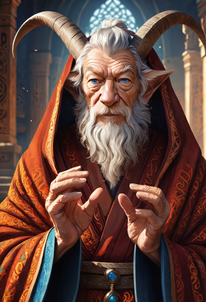 Anthropomorphic geriatric kitsune-satyr monk. red fur. Old, wrinkled ancient, decrepit. Crystal blue eyes. wise face. wizened. long detailed fingers.  Ian Mckellen. Official Art – An Award-Winning Digital Masterpiece In 4K Ultra HD, Extreme Detail And Intricate Realism. Symmetrical Face. This bright and colorful Concept Art Brought To Life By The Hands Of Artists Like Wlop & Artgerm In A Stunning 2D Vector Illustration. Background Is A Panoramic Vista.
