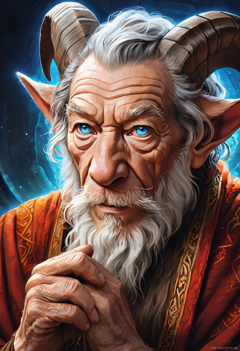 Anthropomorphic geriatric kitsune-satyr monk. red fur. Old, wrinkled ancient, decrepit. Crystal blue eyes. wise face. wizened. long detailed fingers.  Ian Mckellen. Official Art – An Award-Winning Digital Masterpiece In 4K Ultra HD, Extreme Detail And Intricate Realism. Symmetrical Face. This bright and colorful Concept Art Brought To Life By The Hands Of Artists Like Wlop & Artgerm In A Stunning 2D Vector Illustration. Background Is A Panoramic Vista.
