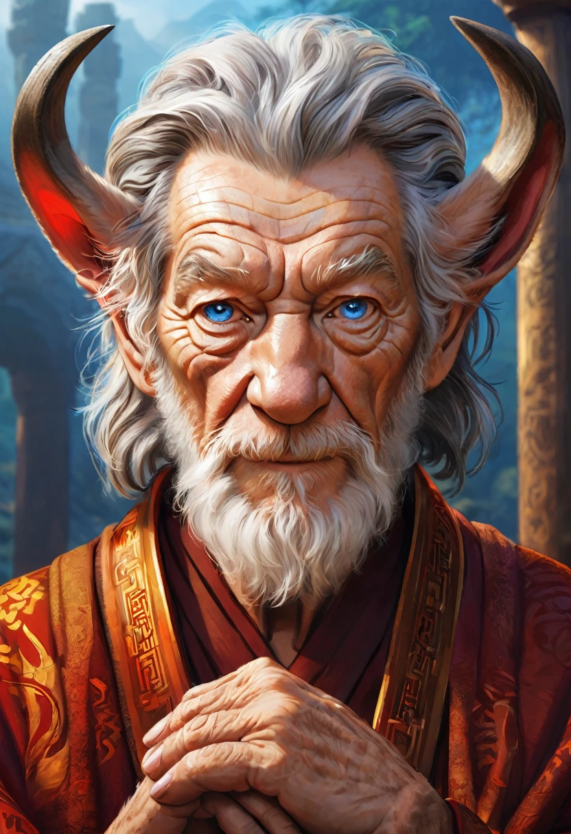 Anthropomorphic geriatric kitsune-satyr monk. red fur. Old, wrinkled ancient, decrepit. Crystal blue eyes. wise face. wizened. long detailed fingers.  Ian Mckellen. Official Art – An Award-Winning Digital Masterpiece In 4K Ultra HD, Extreme Detail And Intricate Realism. Symmetrical Face. This bright and colorful Concept Art Brought To Life By The Hands Of Artists Like Wlop & Artgerm In A Stunning 2D Vector Illustration. Background Is A Panoramic Vista.
