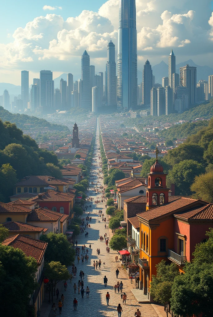 Hello, can you create an image of a very large city, mixed with the town of San Sebastián del Oeste, Jalisco, Mexico?