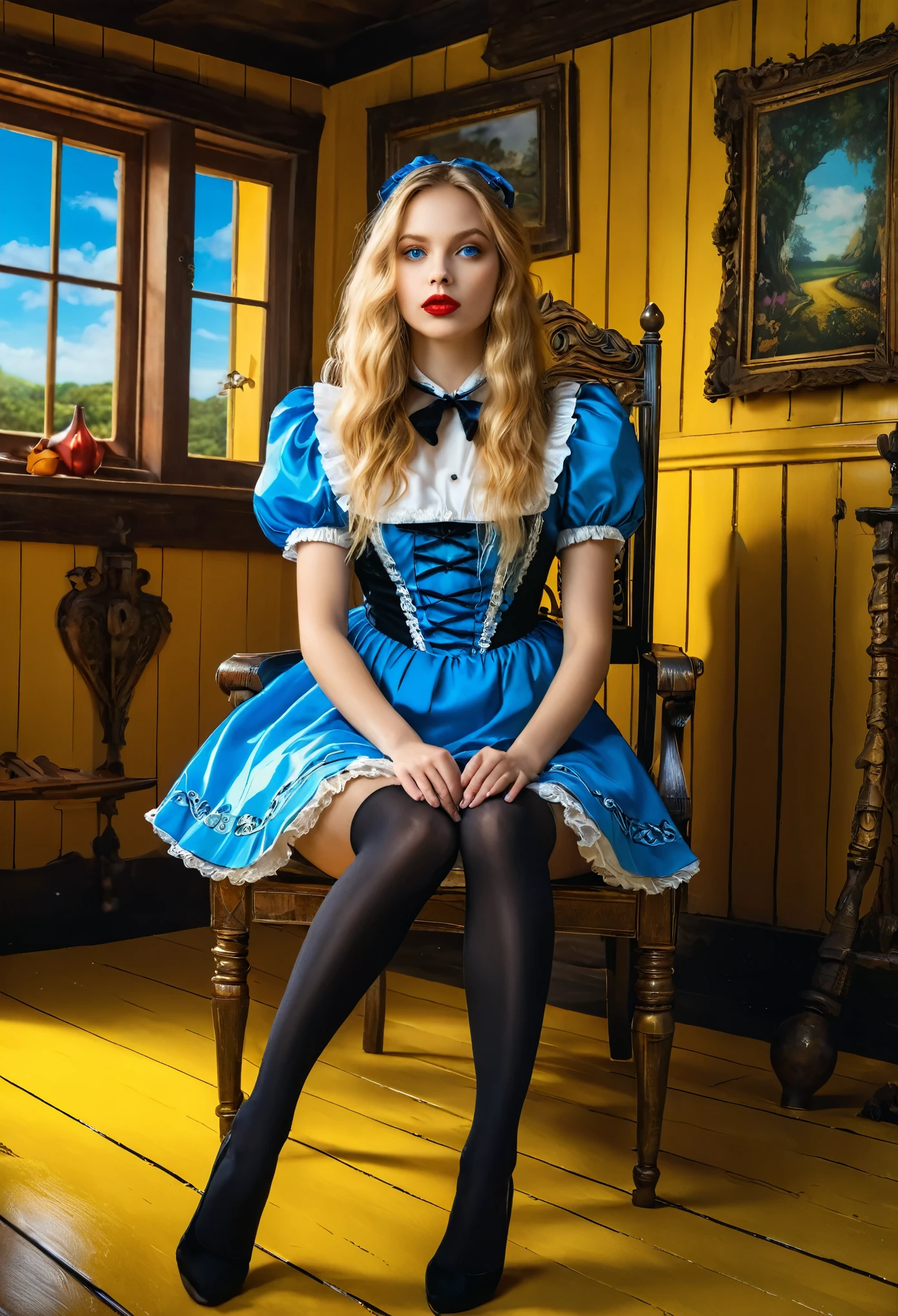 ((RAW photo), absurdities, (absurdresolution)), masterpiece, best quality, (Extremely detailed 8k unity CG wallpaper), (best illustration), (best shadow), absurdities, Realistic lighting, beautiful detailed glow, (beautiful young girl, 21 years old, beautiful face, perfect), (long shiny golden hair), ((defined blue pupils, red lipstick)), (("Alice's Adventures in Wonderland" short dress, black thighs, stockings)), ((sitting on bright yellow road, on chair with legs spread)), ((background: black shack of terror)), intricate details, vivid and bright colors, (Photo perspective from below),