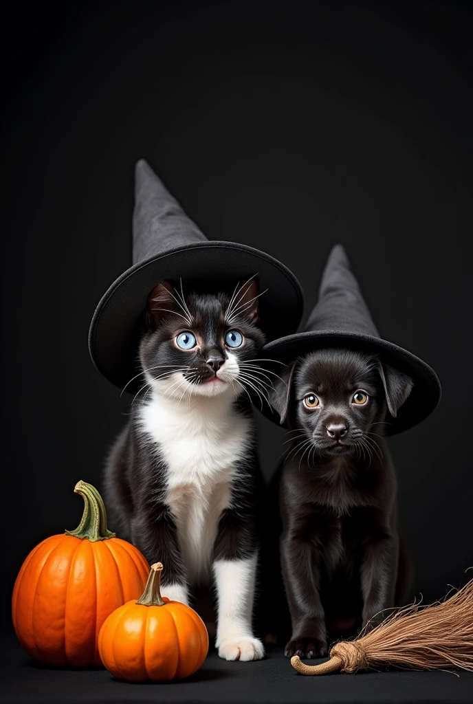 Realistic image of an adult black and white cat with a black spot near its nose and wearing a witch&#39;s hat, a black kitten with a witch&#39;s hat and a black dog with brown eyebrows with a witch&#39;s hat, all with short fur, black backdrop, witch&#39;s broom and halloween pumpkins
