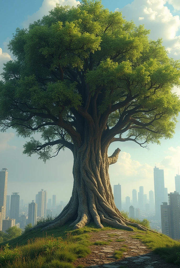 I am the oldest tree on earth in a city of the future. I am the last tree that is cared for on earth so as not to forget the past. , Very real style details throughout the image volume shadows the message I want to convey is to take care of the earth so as not to lose hope, 24k photographic composition special colors photography composition unique piece uses wide angles as close to its branches as possible