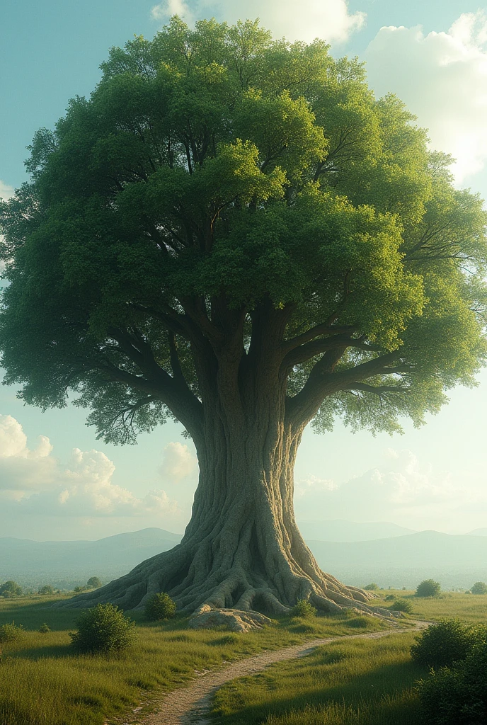 I am the oldest tree on earth in a city of the future. I am the last tree that is cared for on earth so as not to forget the past. , Very real style details throughout the image volume shadows the message I want to convey is to take care of the earth so as not to lose hope, 24k photographic composition special colors photography composition unique piece uses wide angles as close to its branches as possible