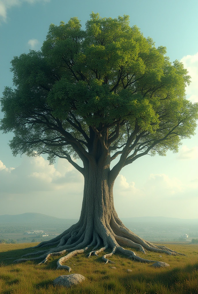I am the oldest tree on earth in a city of the future. I am the last tree that is cared for on earth so as not to forget the past. , Very real style details throughout the image volume shadows the message I want to convey is to take care of the earth so as not to lose hope, 24k photographic composition special colors photography composition unique piece uses wide angles as close to its branches as possible