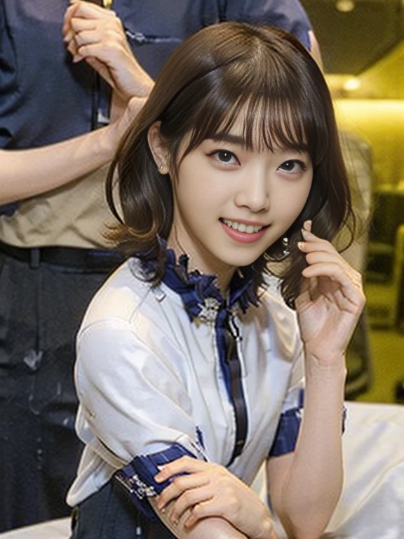 (Masterpiece, Best quality:1.2), (Ultra realistic, Photo-realistic:1.2), (From above, looking up:1.2), (kneeling:1.2), Natural light, 25 years old actress, Japanese women, Neat and clean, (cabincrew uniform:1.1), (unbutton:1.2), (Short wavy hair:1.2), Light brown hair color, (Beautiful Face), Oval face, clear, (Beautiful eyes, Kind eyes), (Clear skin), Small face, (Small mouth, Beautiful mouth), Natural makeup, Approachable, (Luxury hotel Suite room, On bed:1.2), nsfw, Seductive smile, (Seductive pose:1.3), Beautiful thighs, Bedroom eyes, 