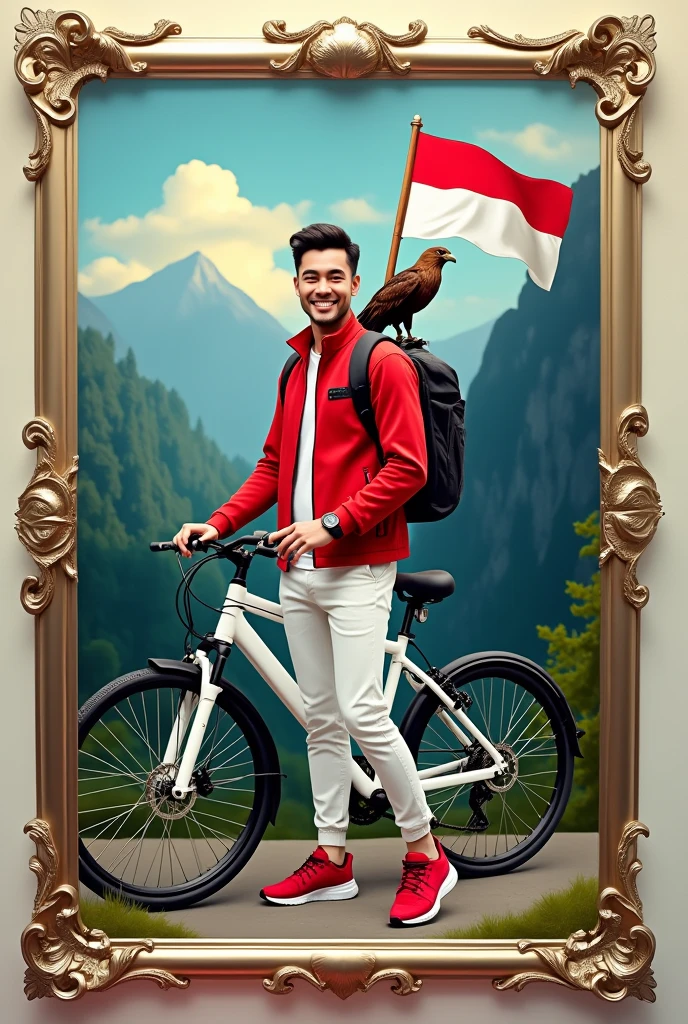 Gambar 4D abstrak seorang pria ganteng tersenyum memakai jaket red celana putih sepatu catch red, carry a backpack,ada sebuah bendera red putih indonesia dengan tiang kayu berada di punggungnya ,dia sedang berdiri dgn sepeda mountain putih yg berada disampingnya tangan pada stang sepeda,an eagle's tail is on his shoulder ,mountain,tree,contrast in a cracked frame of shining platinum metal,whole picture with color,,milk gold,blue,red,green,black,cream ,create a fantastic picture the picture in the frame part of it goes out of the frame,,with a touch of neon on the side of the frame and a reflective shadow at the bottom of the frame,side fiew