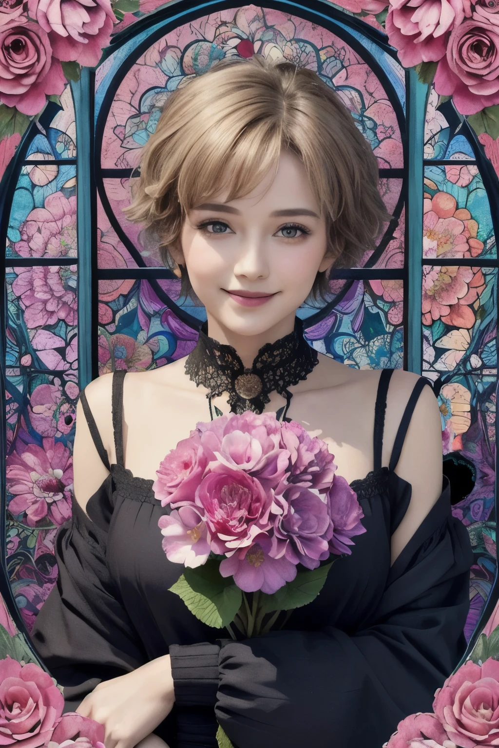 271 (20-year-old woman,short hair), (masterpiece, Highest quality, beautiful:1.2), Very detailed, (Fractal Art:1.1), (colorful:1.1), (flower:1.3), whole body, (Abstract background:1.3), (Many colors:1.4), (Old-fashioned smile), (window)