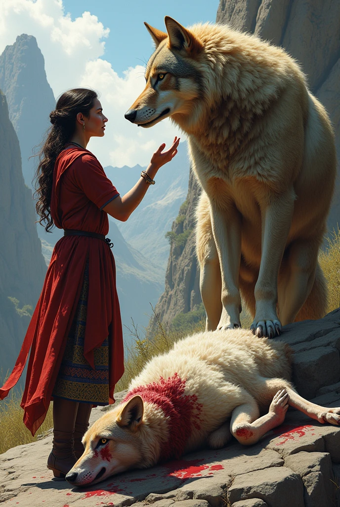 Woman congratulating a wolf, dead sheep