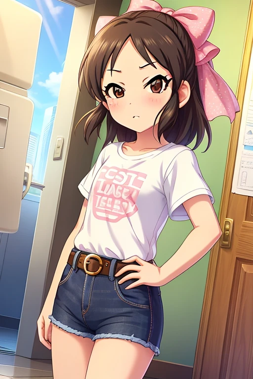 Tachibana Arisu, long hair, brown eyes, brown hair, bow, hair bow, blush, ribbon, looking at viewer, stand, hand own hips, white shirt, t-shirt, belt, denim shorts, shorts rolled,from behind