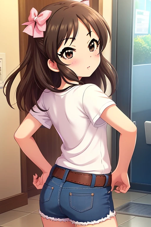 Tachibana Arisu, long hair, brown eyes, brown hair, bow, hair bow, blush, ribbon, looking at viewer, stand, hand own hips, white shirt, t-shirt, belt, denim shorts, shorts rolled,from behind