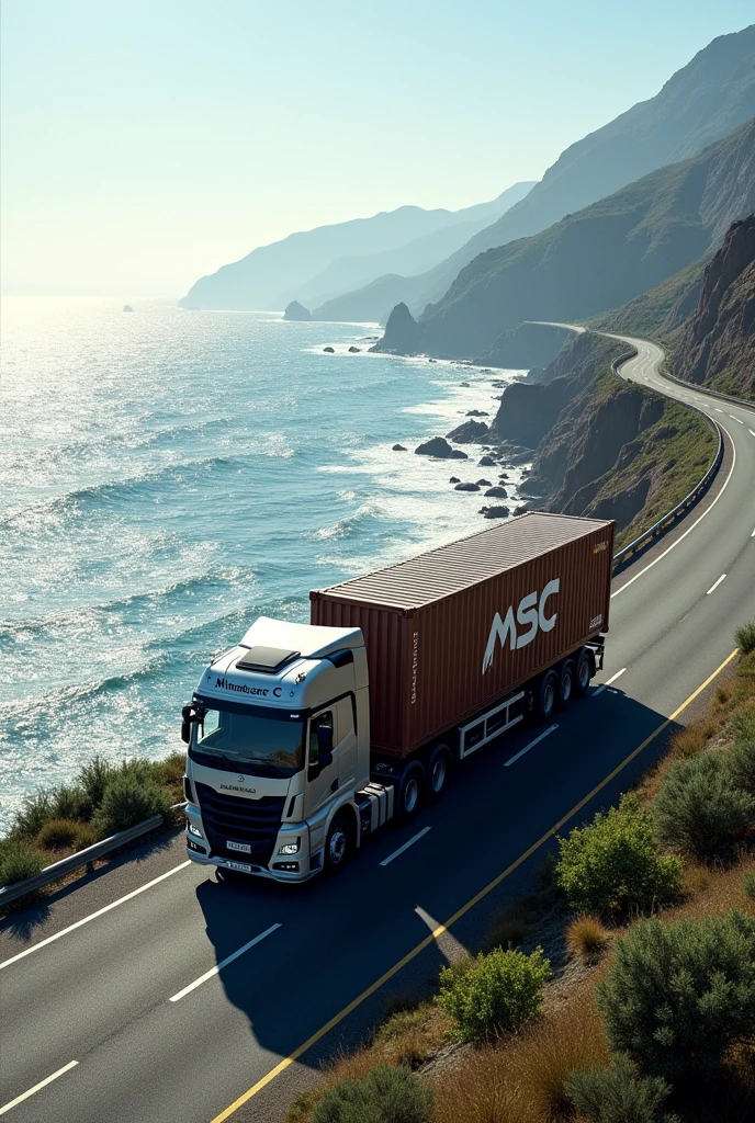 A truck with an MSC container and with Mirandacar C written on the truck.rolling on a highway near the sea