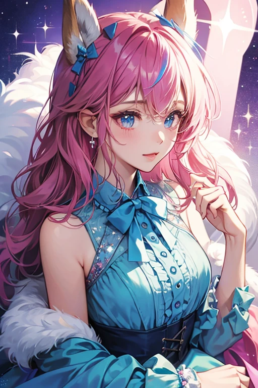 Achurro is a girl llama with a blue bowtie on her neck. her fur color is pink. SPARKLE; GLITTER