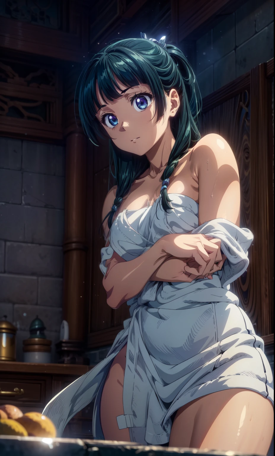 (Masterpiece, High Quality, Top quality, High-Detailed, Detailed CG, Cinematic Shadow, Cinematic Scene, Beautiful Detailed Eyes, Ultra Resolution, Depth of Field, High Resolution, Masterpiece: 1.2), Anime Art style, Very Detailed, Dynamic Angle, Teen Style, Detailed Green Hair, Detailed Blue Eyes, Purple Eye, Slim Body, Sparkling Eyes, Sparkling Detailed Eyes, Hair Accessory, Earrings, Slightly Blunt Bangs, Looking the Audience, (Embarrassing Expression:1.2), (Towel:1.2), (White Towel), (Almost Naked), (Naked Towel), (Anime Girl Holding a Towel to cover it's body), (Only wear Towel:1.2), (Cover Body With Towel), Good Composition, Hand, weat, Thick Thighs, Small Breasts, Small Size Breasts, Blur Background, Chinese Architectures