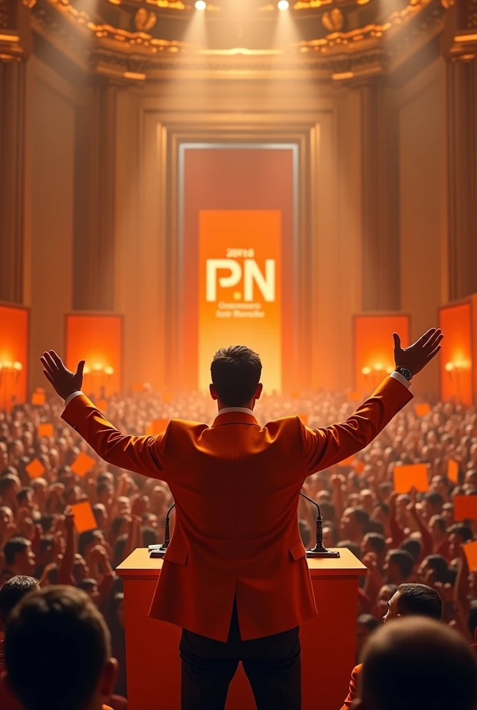 A photo of me winning the elections with my orange party with initials PN