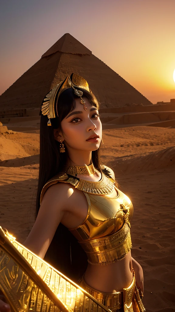 Image of graceful Cleopatra against the backdrop of the Egyptian pyramids, a dramatic golden sunset.