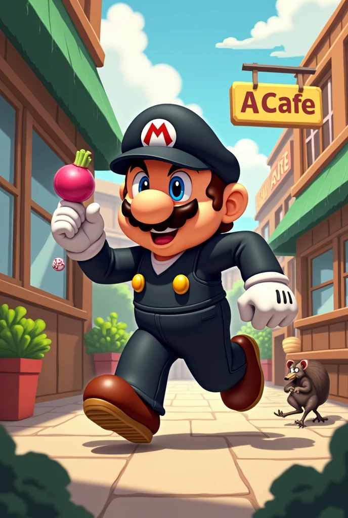brown skin black hat and uniform
mario with small legs and body with giant forearms running and stealing pink radish and onion from a cafe named A Cafe ,with a platypus as a pet