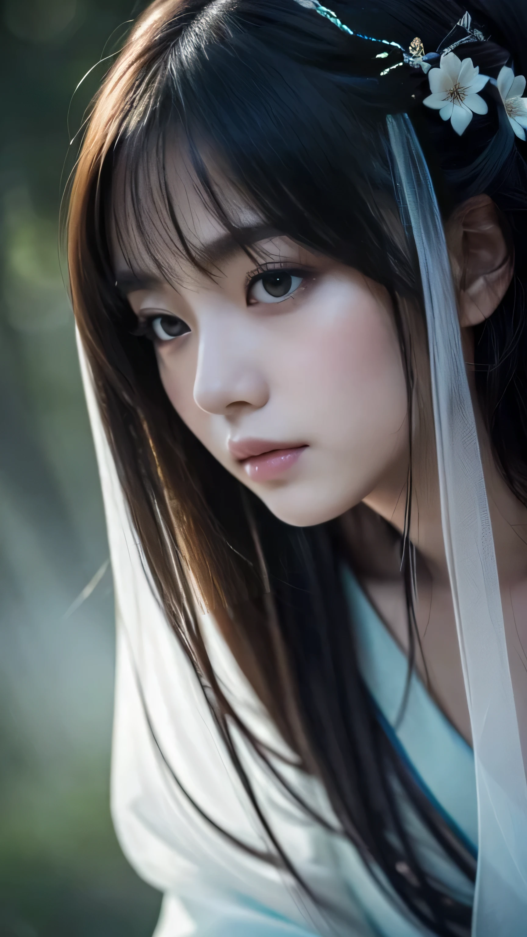 **Prompt:** "An ultra-realistic depiction of Shichinin Misaki, reimagined as seven stunningly beautiful girls while retaining their eerie, ghostly features. Each girl is dressed in an elegant, flowing kimono, intricately decorated with traditional Japanese patterns. Their faces, though ethereal and pale, possess an otherworldly beauty with large, captivating eyes that glow faintly in the darkness. Their long, silky hair cascades down their backs, shimmering with an unnatural light. Despite their beauty, there's a haunting sorrow in their expressions, with subtle hints of their ghostly origins—translucent skin, a slight ethereal glow, and an almost imperceptible aura of sadness and longing. The girls appear to float gracefully above the ground, their kimonos gently billowing as if caught in a soft breeze. The background is a serene, misty forest at twilight, with gentle light filtering through the trees, adding a dreamlike quality to the scene."