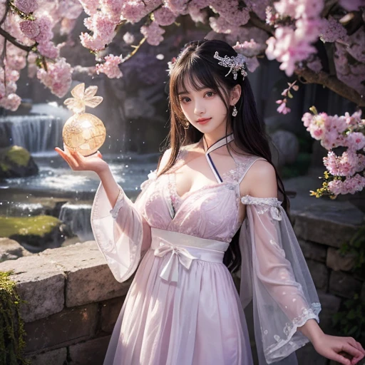 best quality, Delicate face，beautiful visual work, lifelike, eternity, black hair, Long curly hair, blunt bangs, Smile, Detailed Background, Delicate face，blush，cold，((masterpiece))、(top quality)、8k、high detail、Super detailed，21 years old female，Wearing Tang Dynasty Hanfu、waist skirt, Clothes are light and fluffy，Hanfu, wide sleeves, Transparent sleeves, Tunic, Clothes made of chiffon, Seductive and whimsical style、masterpiece、born、Scenes resembling fairy tale illustrations、Intricate details and complex designs、Beautifully、magic、capricious、 Beautifully、Dream aesthetics、「𝓡𝓸𝓶𝓪𝓷𝓽𝓲𝓬、ethereal、charming、fickle、magic」、Realism、Visual effects、FXAA、SSAO、Shaders、voiceless、ambient lighting、Tone mapping、High resolution、Ultra high quality、Million pixels、(8K resolution:1.10)、8k、Below 8K、8K resolution、high detail、intricate details， (high quality:1.2、masterpiece:1.2、:1.21)、(21 years old female:1.21)、(Smile excitedly)、(Surrounded by a dream-like atmosphere、Model diagram，full-body shot，Normal 2 feet，Put your hands behind you，The protrusion of the breast is visible when wearing clothes, Large Breasts, H cup chest, antiquity, Xian Xia, gauze clothes, Soft and fluttering, Fairy, dream, fantasy, light, elegant, nature, Immortal, romantic, classical, ribbon, light purple clothes, By the stream