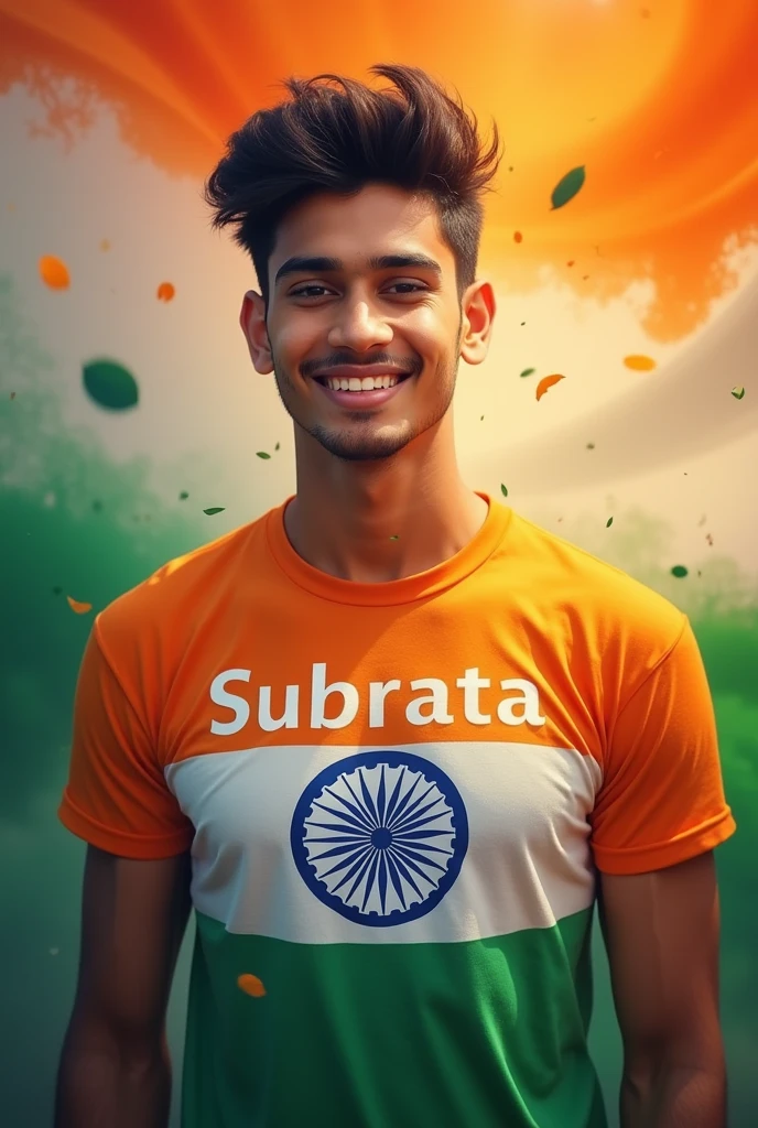 A beautiful boy 20 age wear a tiranga colour shirt 15 august back ground is tiranga colour and his shirt written name subrata