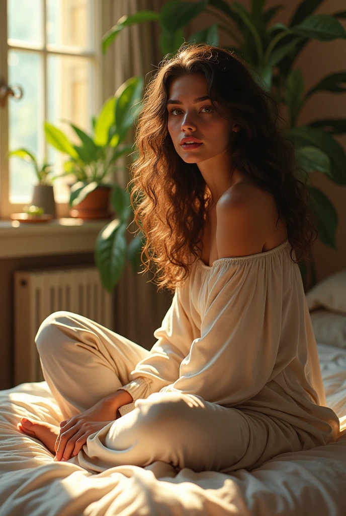 (photorealism:1.2), beautiful woman, sitting on bed, wearing loose off-shoulder top, pajama pants, long curly hair, indoors, soft lighting, plants in background, window with sunlight, cozy room, relaxed pose, realistic, intricate details, warm colors, by Greg Rutkowski, by Alphonse Mucha
