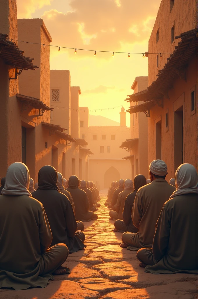 I have one old village and muslim people sit in opposite direction and sky is in gold colour