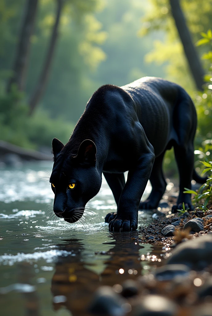 A black panther, drinking water in a river