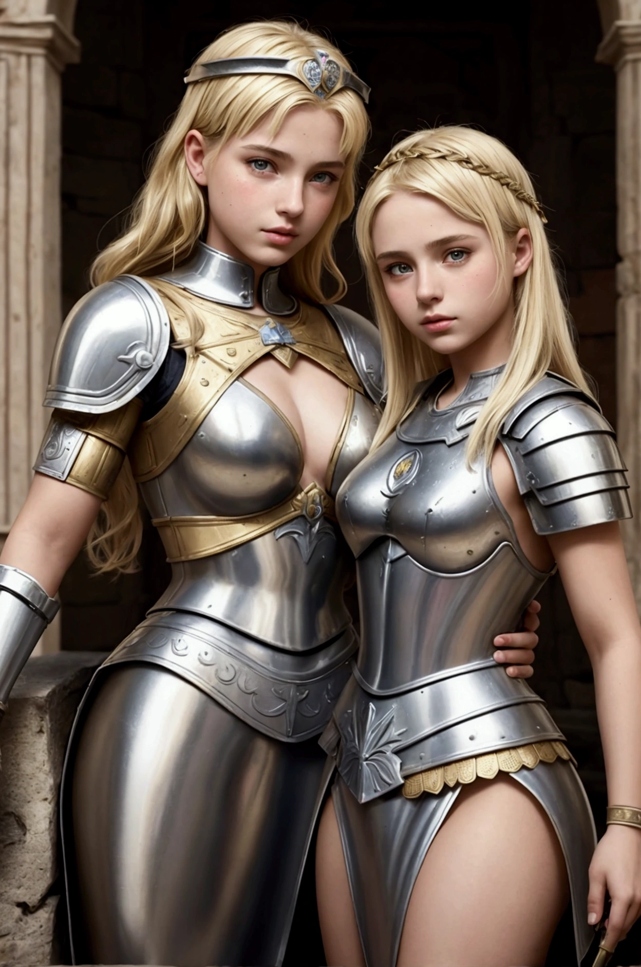 two italy sisters break: woman, , roman warrior, queens blades, blonde, detailed face, curvy,  background in roman empire break: teen girl, r warrior, princess blade , 14 years old, te small breasts, mini cropped, valkyrian princess ,blonde, detailed face, beautiful, confiant, background in roman empire
