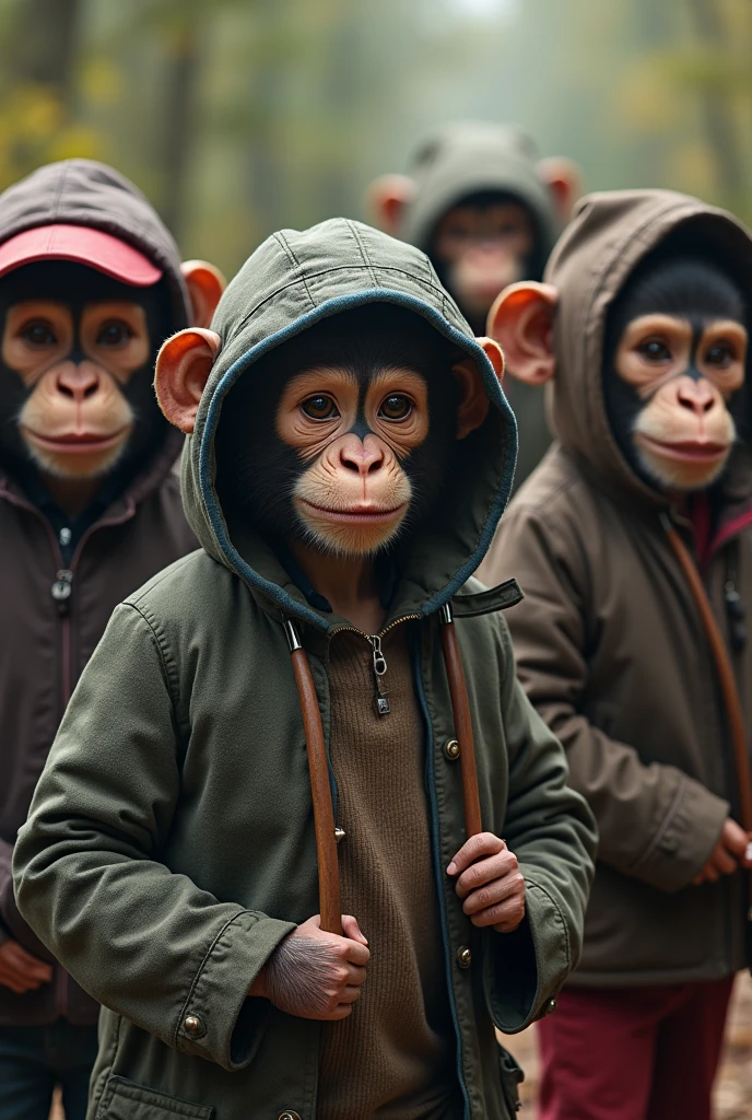 Generates an image of primates gathered together that look dressed in teenage human cosplay clothes