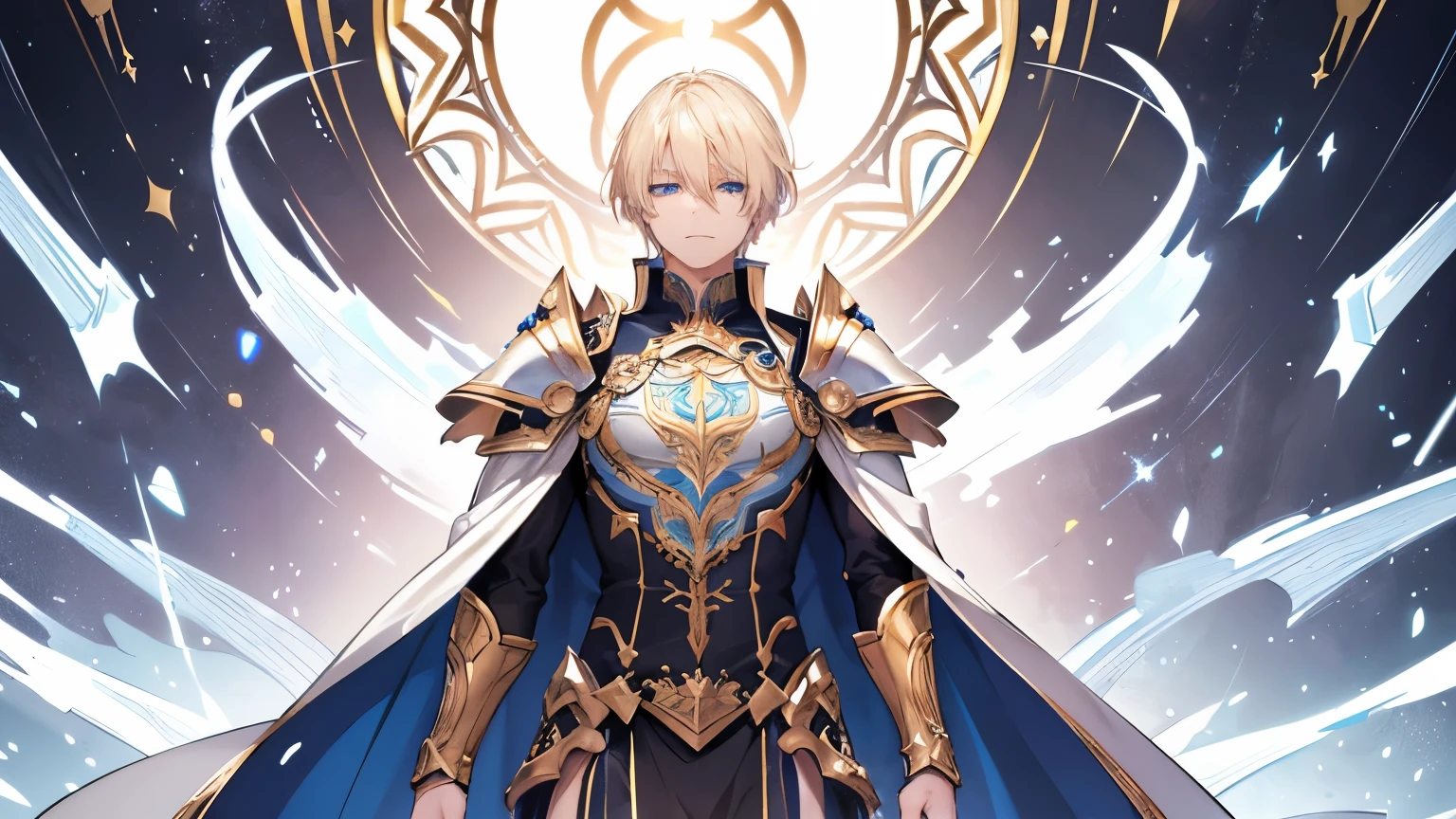 **Prompt:** A young man with striking blond hair and piercing blue eyes stands proudly, clad in resplendent golden armor that glints with every movement. His posture is confident, almost arrogant, and his expression is one of disdain, clearly reflecting his inflated ego and contempt for those around him. The intricate details of his armor suggest high status and power, with ornate engravings that emphasize his superiority. His gaze is cold and calculating, making it clear that he views himself as above others, a true antagonist in a world of heroes and villains.