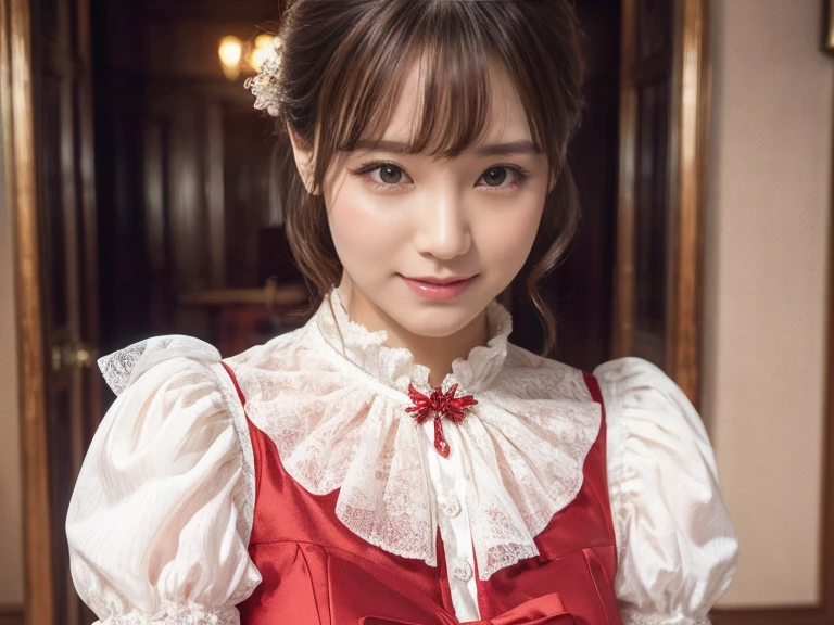 Medium display, Medium Shot, Depth of written border, ((Fascinating,)) 3 people, bust, Upper Body, Movie angle, masterpiece, Highest quality, Very detailed, CG, 8k wallpaper, Beautiful Face, Delicate eyes, Otome, alone, smile, bangs, skirt, shirt, have, Crimson Dress, bow, petal, bouquet