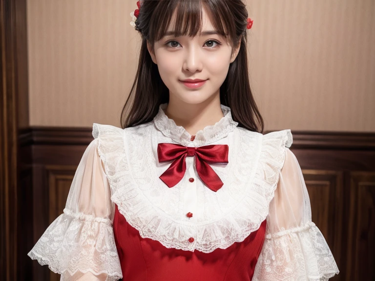 Medium display, Medium Shot, Depth of written border, ((Fascinating,)) 3 people, bust, Upper Body, Movie angle, masterpiece, Highest quality, Very detailed, CG, 8k wallpaper, Beautiful Face, Delicate eyes, Otome, alone, smile, bangs, skirt, shirt, have, Crimson Dress, bow, petal, bouquet