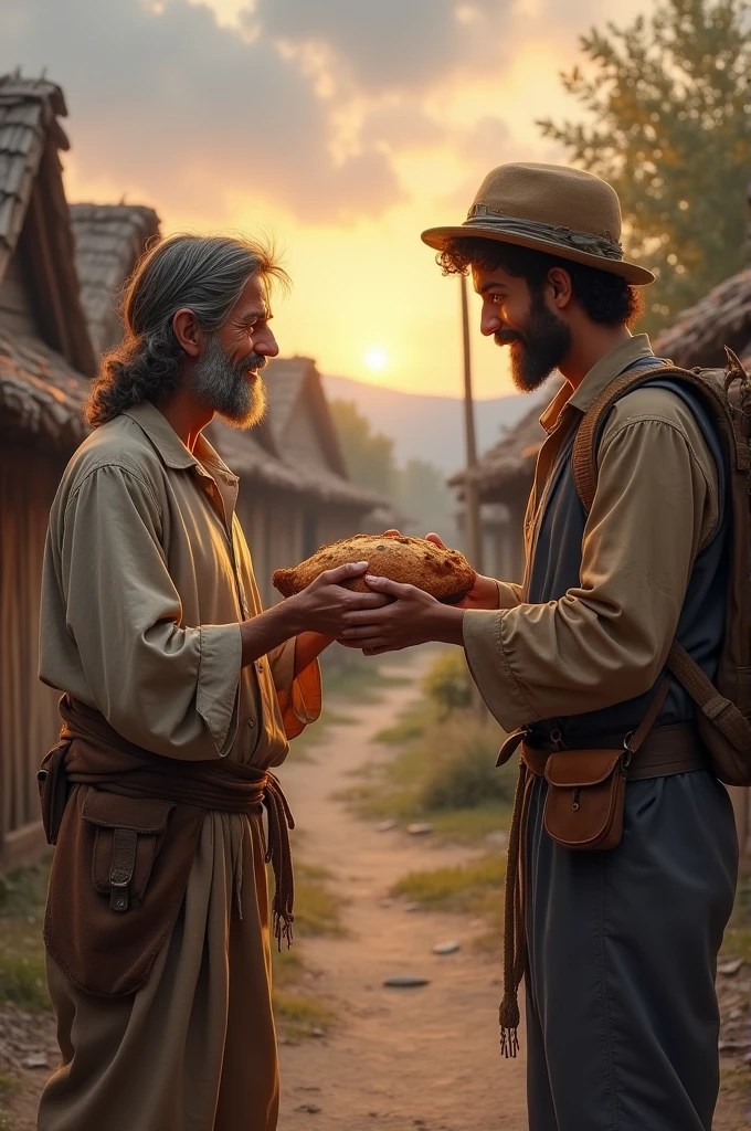 A humble farmer, dressed in simple, worn-out clothing, is handing a loaf of bread to a weary traveler. The setting is a small, rustic village with thatched cottages in the background. The farmer’s face is kind, and the traveler looks relieved and grateful. The scene is set at dusk with warm, soft light illuminating the act of kindness.