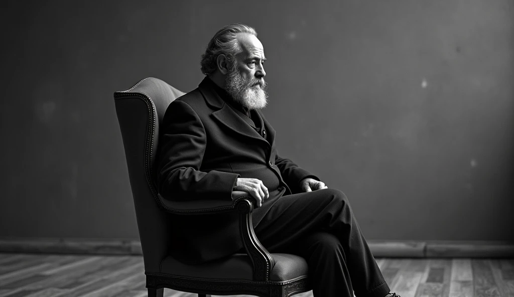 ((best qualityer)), make a black and white image of the philosopher Pierre-Joseph Proudhon sitting in a chair in an empty room with his body facing forward