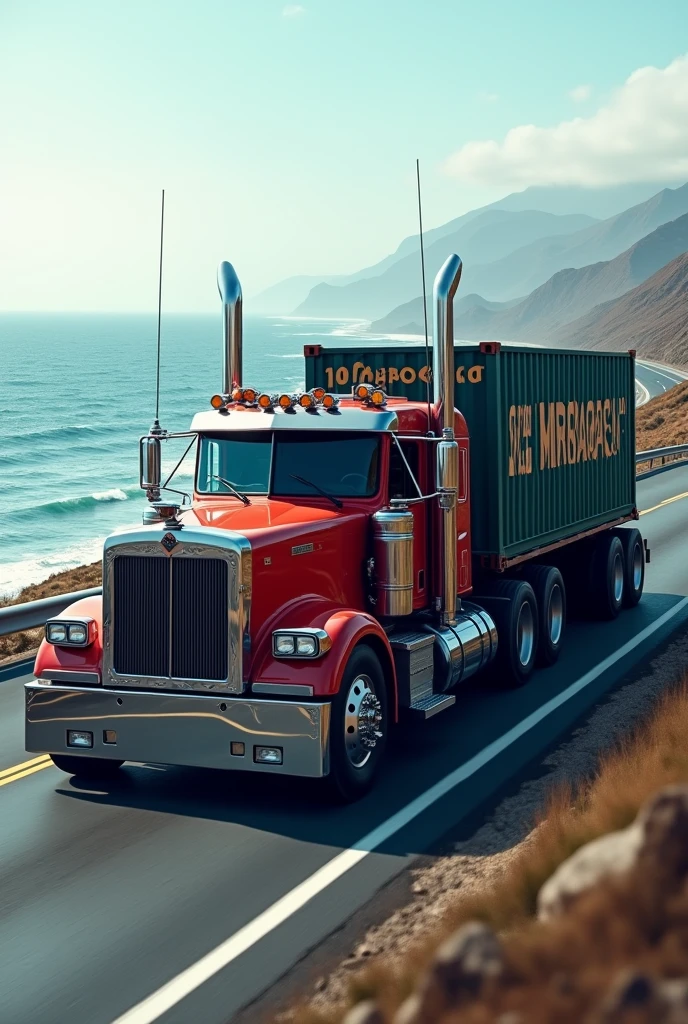 A Mack truck with a container that has Mirandacar C written on the truck.rolling on a highway near the sea