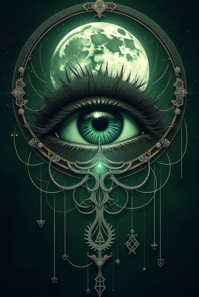 The Eye of the Black Moon:
This symbol could consist of a circle representing the moon in its new phase., with an eye in the center that alludes to its ability to see beyond the visible, both in dreams and in reality. The eye might be surrounded by small marks or runes representing spells or arcane secrets..
To make it more unique, you could add curved lines that resemble intertwined threads, symbolizing her ability to weave dreamlike realities and her connection to the collective unconscious. This symbol would be dark, with subtle details in green and silver tones, reflecting its connection to magic and the unknown.