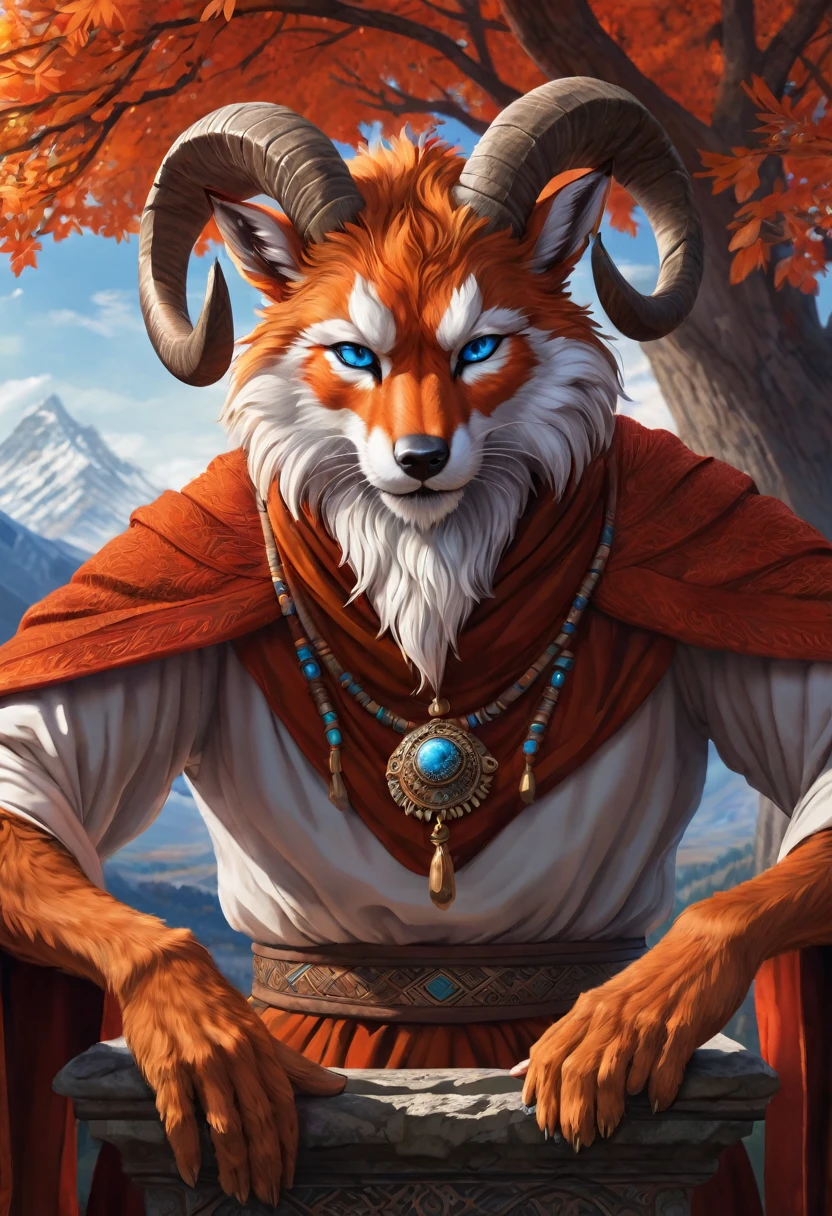 Anthropomorphic geriatric kitsune-satyr monk. red fur. Old, wrinkled ancient, decrepit. Crystal blue eyes. wise face. wizened. long detailed fingers. Official Art – An Award-Winning Digital Masterpiece In 4K Ultra HD, Extreme Detail And Intricate Realism. Symmetrical Face. This bright and colorful Concept Art Brought To Life By The Hands Of Artists Like Wlop & Artgerm In A Stunning 2D Vector Illustration. Background Is A Panoramic Vista.
