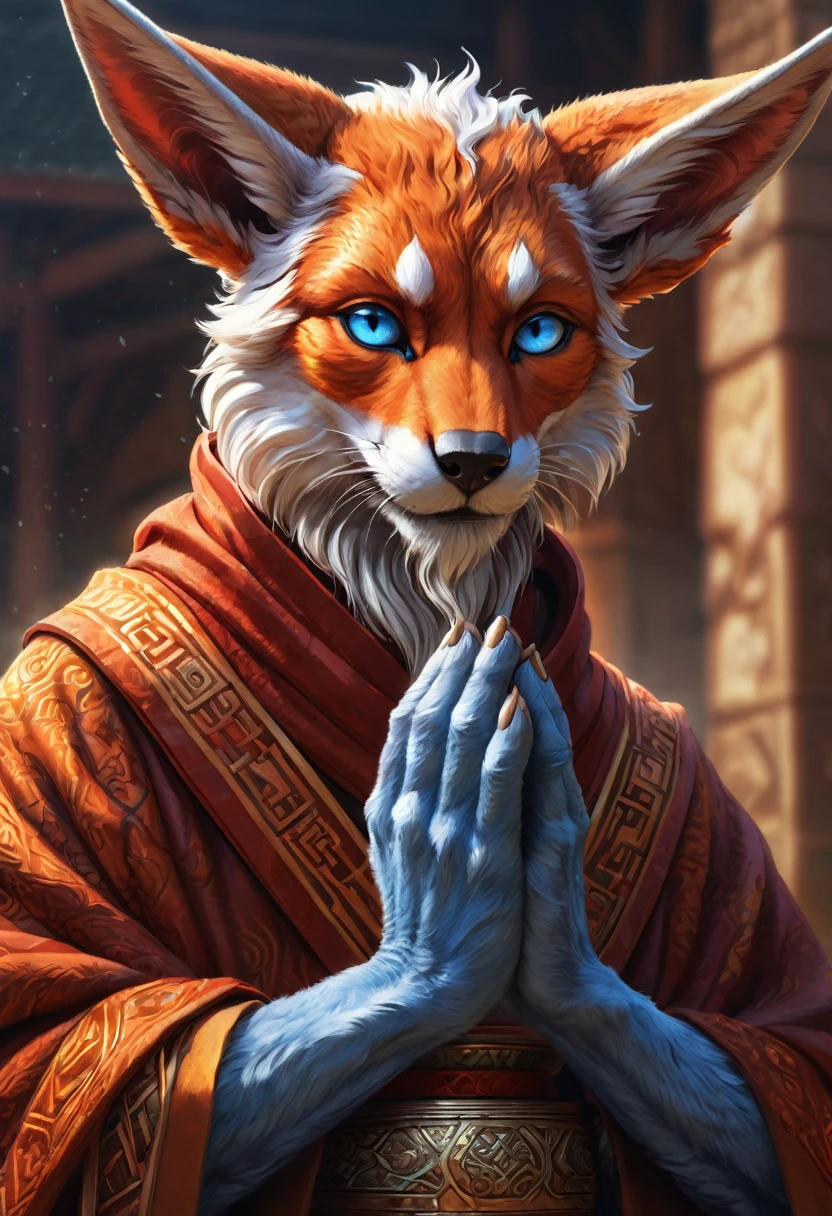 Anthropomorphic geriatric kitsune-satyr monk. red fur. Old, wrinkled ancient, decrepit. Crystal blue eyes. wise face. wizened. long detailed fingers. Official Art – An Award-Winning Digital Masterpiece In 4K Ultra HD, Extreme Detail And Intricate Realism. Symmetrical Face. This bright and colorful Concept Art Brought To Life By The Hands Of Artists Like Wlop & Artgerm In A Stunning 2D Vector Illustration. Background Is A Panoramic Vista.
