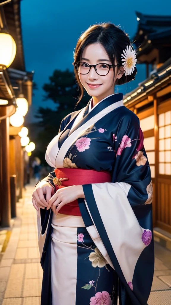 (Super beautiful woman in kimono)、((highest quality、8K masterpiece:1.3))、sharp focus:1.2、(super beautiful face:1.0)、(shiny skin:1.0)、realistic pictures、black hair、video lighting、High resolution eyes and face、video lighting、japanese actress、from the front、big breasts、with a happy smile、Slender abs beauty、whole body、wearing a kimono、in Kyoto、(((luxury obi)))、In Kyoto at night、wearing glasses with no edge、with a fan、Fireworks Display