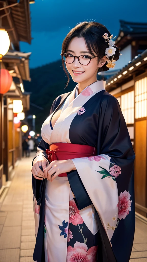 (Super beautiful woman in kimono)、((highest quality、8K masterpiece:1.3))、sharp focus:1.2、(super beautiful face:1.0)、(shiny skin:1.0)、realistic pictures、black hair、video lighting、High resolution eyes and face、video lighting、japanese actress、from the front、big breasts、with a happy smile、Slender abs beauty、whole body、wearing a kimono、in Kyoto、(((luxury obi)))、In Kyoto at night、wearing glasses with no edge、with a fan、Fireworks Display