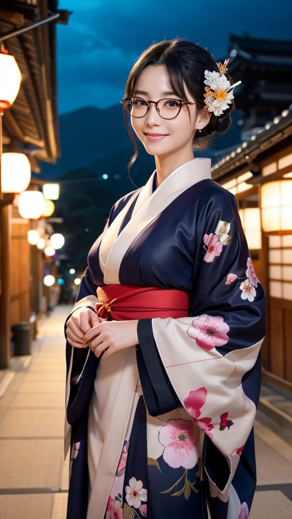 (Super beautiful woman in kimono)、((highest quality、8K masterpiece:1.3))、sharp focus:1.2、(super beautiful face:1.0)、(shiny skin:1.0)、realistic pictures、black hair、video lighting、High resolution eyes and face、video lighting、japanese actress、from the front、big breasts、with a happy smile、Slender abs beauty、whole body、wearing a kimono、in Kyoto、(((luxury obi)))、In Kyoto at night、wearing glasses with no edge、with a fan、Fireworks Display